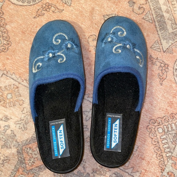 Soffice Womens Wedge Heel Slipper Slide On Closes Toe House Shoe Blue Floral 37 - Picture 1 of 7